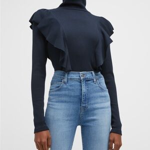 Veronica Beard Frieda Navy Ruffle Turtleneck Top